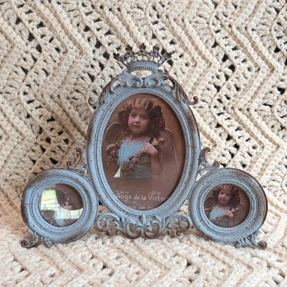 Vintage Style Ornate Crown Triptych Photo Frame Blue Distressed 3-Way Tabletop